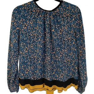 Current Air Long Sleeve Blouse Blue Floral Print Pleated